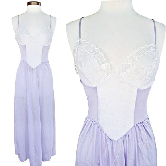 Vintage Purple Long Nylon Nightgown Sexy White Lace by Lady Cameo Medium - Picture 1 of 8